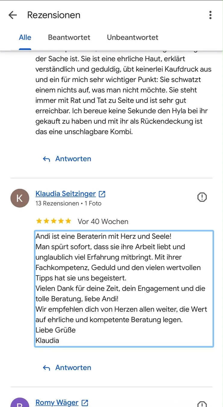 Google-Rezension: 5-Sterne-Bewertung von Klaudia S. für HYLA-Beraterin Andrea Frey