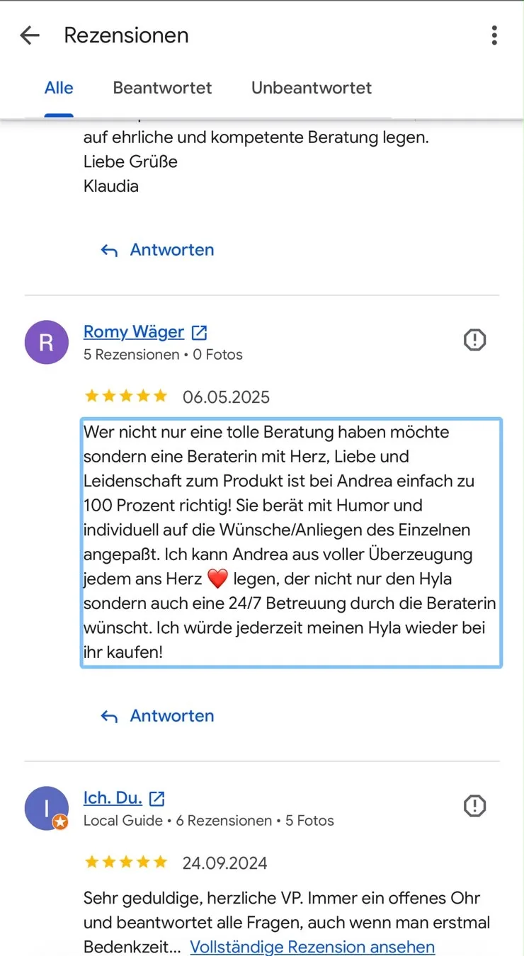 Google-Rezension: 5-Sterne-Bewertung von Romy W. für HYLA-Beraterin Andrea Frey