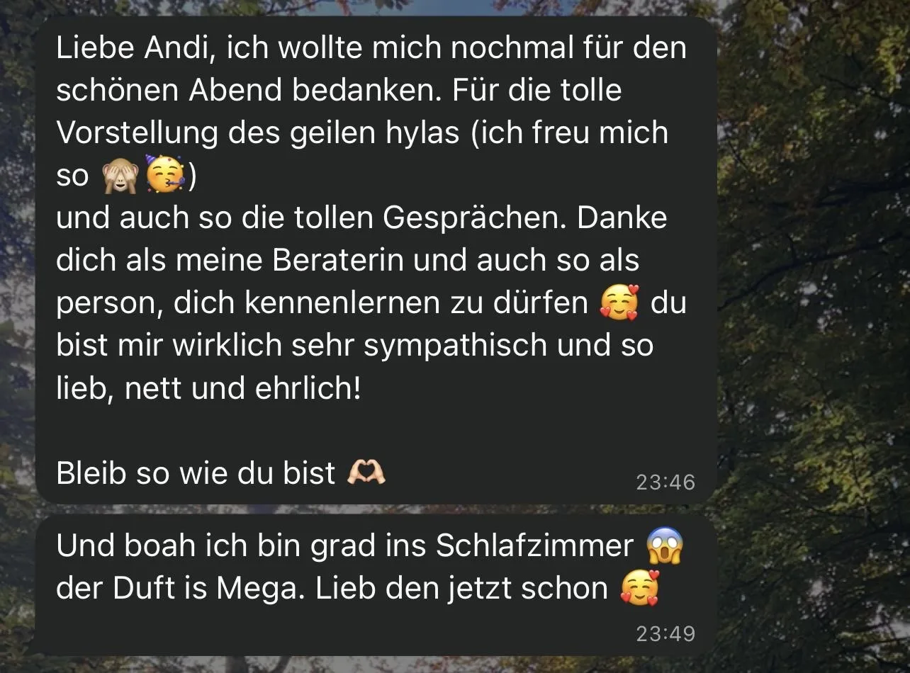 WhatsApp-Nachricht einer Kundin: Dank für die tolle HYLA-Vorstellung und Beratung durch Andrea Frey