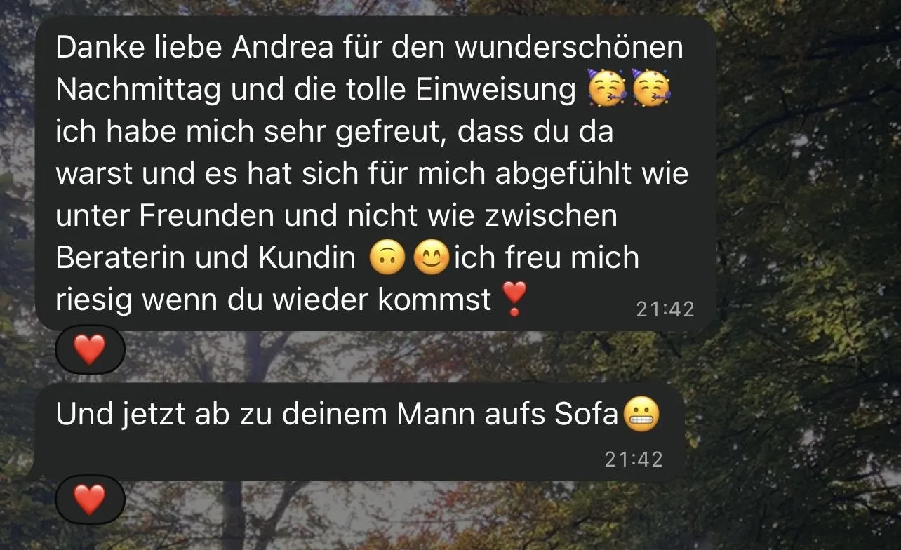 WhatsApp-Nachricht einer Kundin: Dank für den schönen Nachmittag und die tolle HYLA-Einweisung durch Andrea Frey